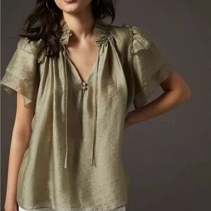 Hunter Bell Sz S Millie Flutter Sleeve Ruffle Short Green Top Anthropologie